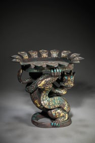 A GOLD AND SILVER-INLAID BRONZE 'DRAGON AND SERPENT' TRAY