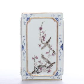 A FAMILLE ROSE 'FLOWERS AND BIRDS' SQUARE BRUSH POT