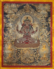 A 'TIBETAN ROYAL MONASTERY-STYLE' 'PEARL-SET THANGKA' OF FOUR-ARMED AVALOKITESHVARA