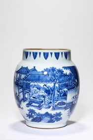 A BLUE AND WHITE 'FIGURES' LOTUS-SEED JAR