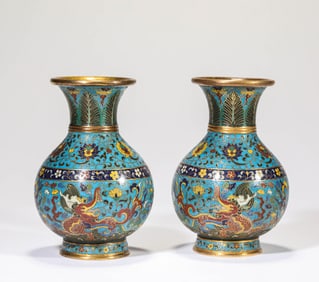 A PAIR OF CLOISONNé ENAMEL 'DRAGON AMIDST WAVES'VASES
