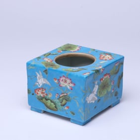 A BLUE-GROUND FAMILLE ROSE 'FLOWERS AND BIRDS' SQUARE WATER POT