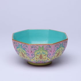 AN ENAMEL 'FLOWERS AND BEASTS' OCTAGONAL BOWL
