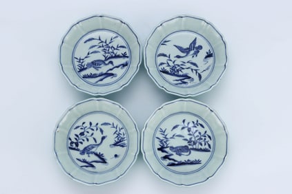 FOUR BLUE AND WHITE 'BIRDS IN DIFFERENT POSTURES' LOBED BRUSH WASHERS