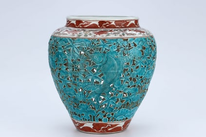 A SANCAI 'OPENWORK FISH AND WATER WEEDS' LARGE JAR