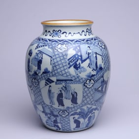 A BLUE AND WHITE 'FIGURES AND STORY' JAR