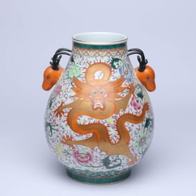 A FAMILLE ROSE 'DRAGON AMONG FLOWERS' DOUBLE-DEER DEER-HEAD JAR