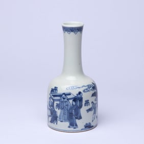 A BLUE AND WHITE 'FIGURES AND STORY' BELL-SHAPED JAR