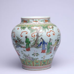 A BLUE AND WHITE AND WUCAI 'FIGURES AND STORY' LARGE JAR