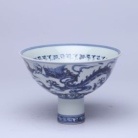 A BLUE AND WHITE 'CLOUD AND DRAGON AND SANSKRIT' STEM BOWL