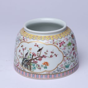 AN ENAMEL MEDALLION 'ROCKERY, FLOWERS AND BIRDS' WATER POT