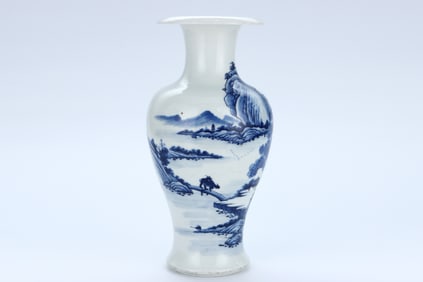 A BLUE AND WHITE 'LANDSCAPE AND FIGURES' GUANYIN VASE