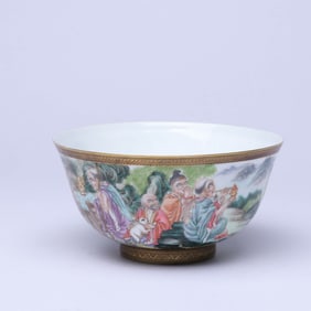 AN ENAMEL 'FIGURES, STORY AND POETRY' BOWL