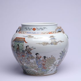 A FAMILLE ROSE 'FIGURES AND STORY' LARGE BEAST-MASK JAR