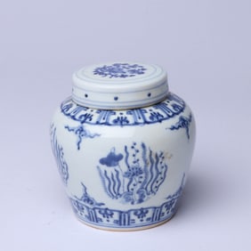 A BLUE AND WHITE 'INTERLOCKING FLOWERS' JAR