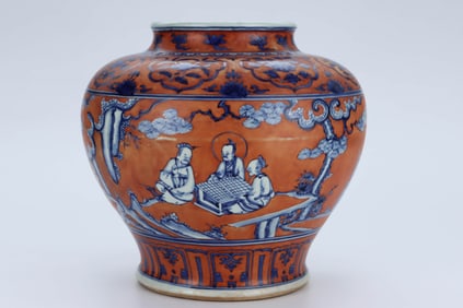 A BLUE AND WHITE AND IRON-RED 'FIGURES' LARGE JAR