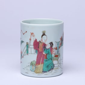 A FAMILLE ROSE 'SPRING' BRUSH POT