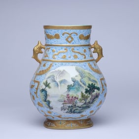 A FAMILLE ROSE MEDALLION 'LANDSCAPE' DOUBLE-HANDLE JAR