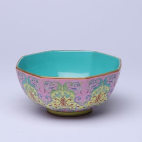 AN ENAMEL 'FLOWERS AND BEASTS' OCTAGONAL BOWL