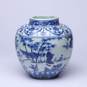 A BLUE AND WHITE 'FIGURES AND STORY' LOBED JAR