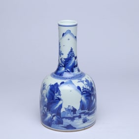 A BLUE AND WHITE 'LANDSCAPE, FIGURES AND STORY' BELL-SHAPED JAR