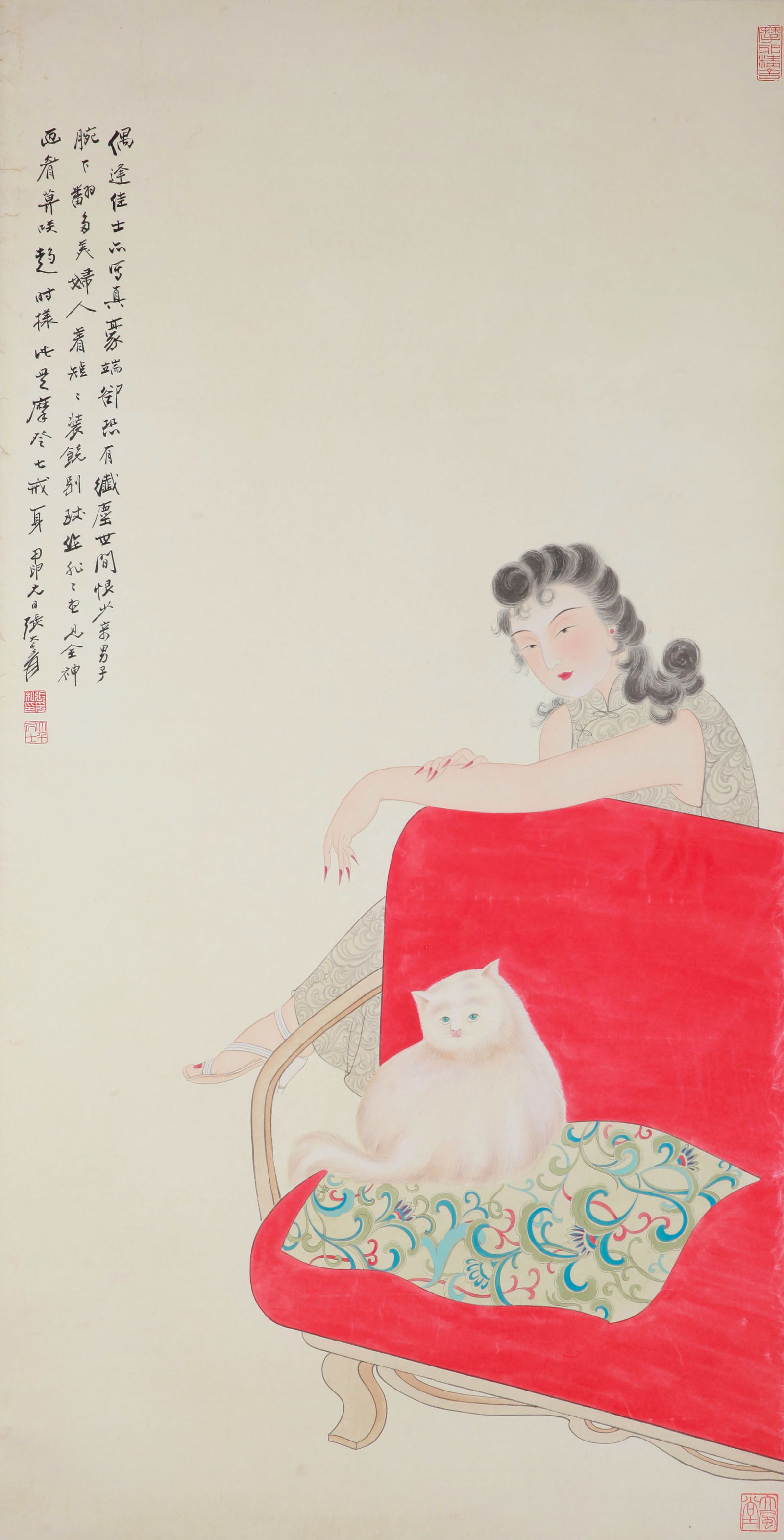 ZHANG DAQIAN (1899-1983), ATTRIBUTED TO, WOMAN AND CAT: ZHANG DAQIAN (1899-1983), ATTRIBUTED TO, WOMAN AND CAT Dimensions: Width: 134 cm (52.76 in.) x Height: 68 cm (26.77 in.). All measurements are approximate.