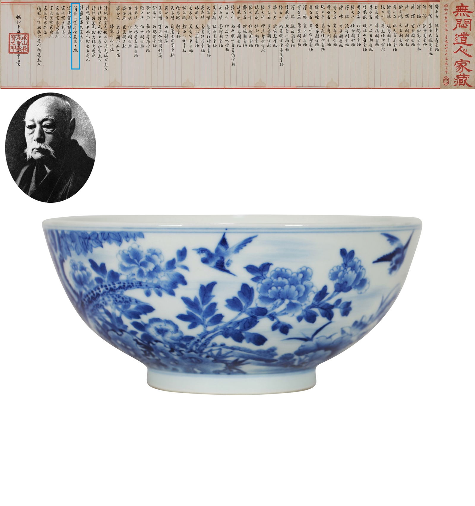 A BLUE AND WHITE 'FLOWERS AND BIRDS' LARGE BOWL: A BLUE AND WHITE 'FLOWERS AND BIRDS' LARGE BOWL Diameter: 22 cm (8.66 in.) x Height: 9.5 cm (3.74 in.). All measurements are approximate.