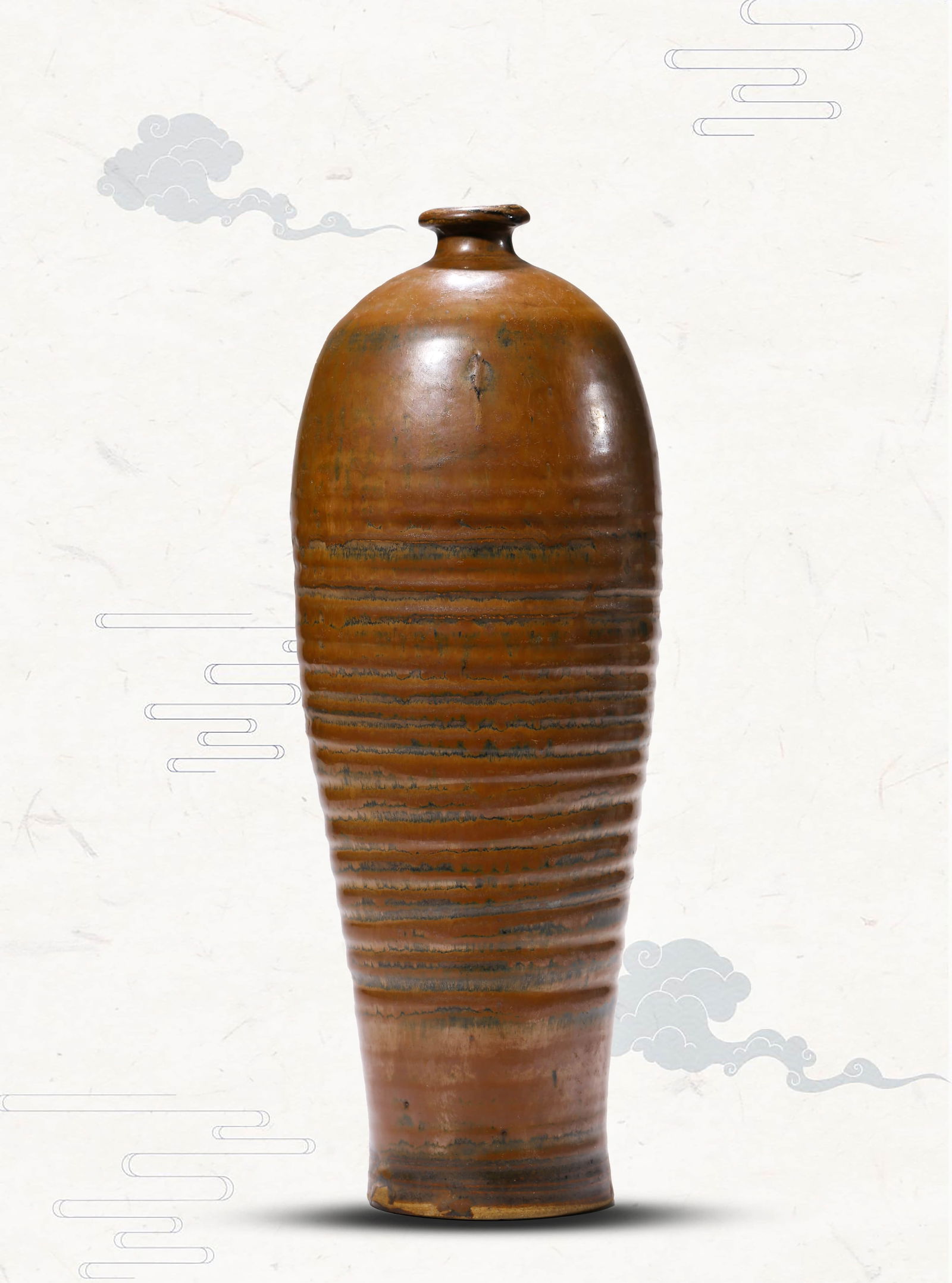 A CIZHOU-TYPE 'COPPER-GLAZED WITH SWIRLS' MEIPING: A CIZHOU-TYPE 'COPPER-GLAZED WITH SWIRLS' MEIPING Dimensions: Width: 12.5 cm (4.92 in) x Height: 33.4 cm (13.15 in). All measurements are approximate.