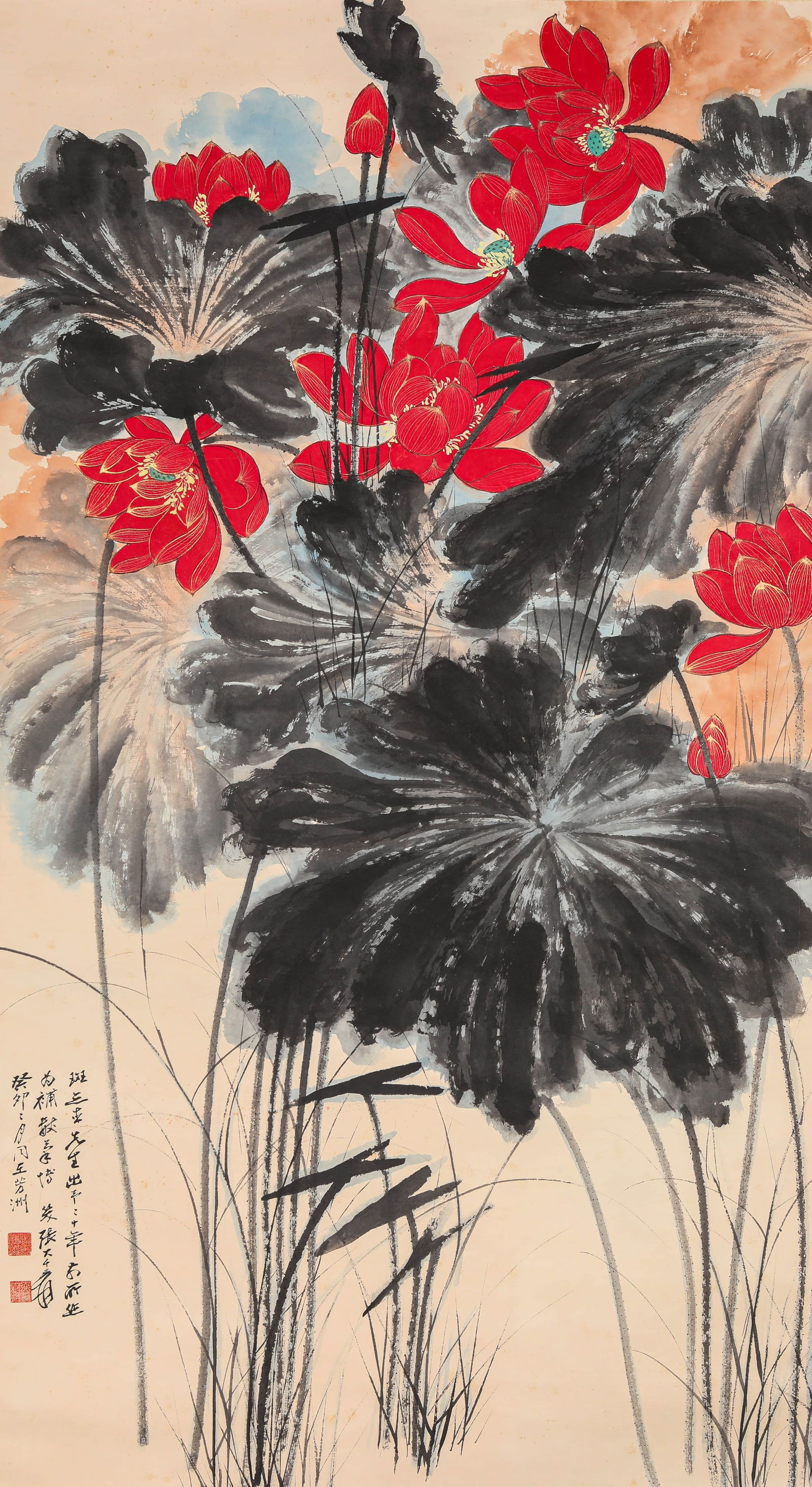 ZHANG DAQIAN (1899-1983), ATTRIBUTED TO, LOTUS: ZHANG DAQIAN (1899-1983), ATTRIBUTED TO, LOTUS Dimensions: Width: 94.0 cm (37.01 in) x Height: 174.0 cm (68.50 in). All measurements are approximate.