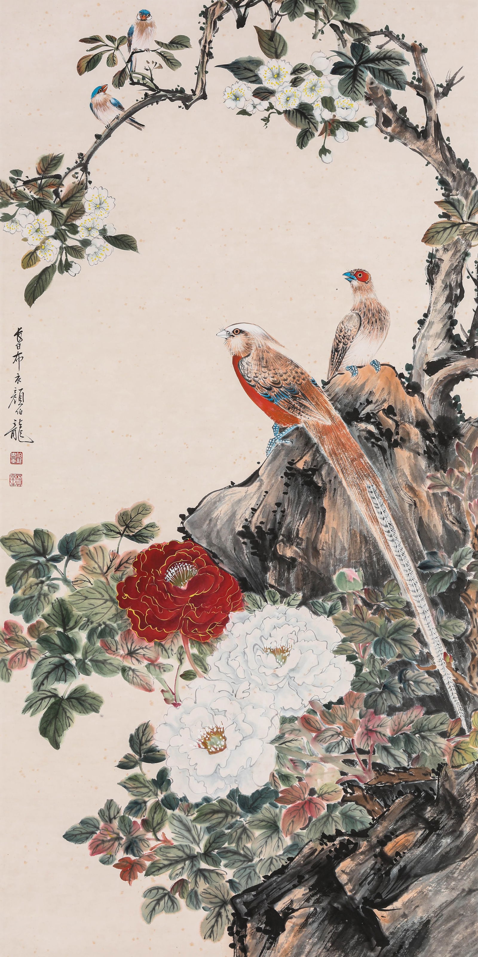 YAN BOLONG (1898-1954), ATTRIBUTED TO, FLOWER-AND-BIRD: YAN BOLONG (1898-1954), ATTRIBUTED TO, FLOWER-AND-BIRD Dimensions: Width: 49.5 cm (19.49 in) x Height: 99.0 cm (38.98 in). All measurements are approximate.