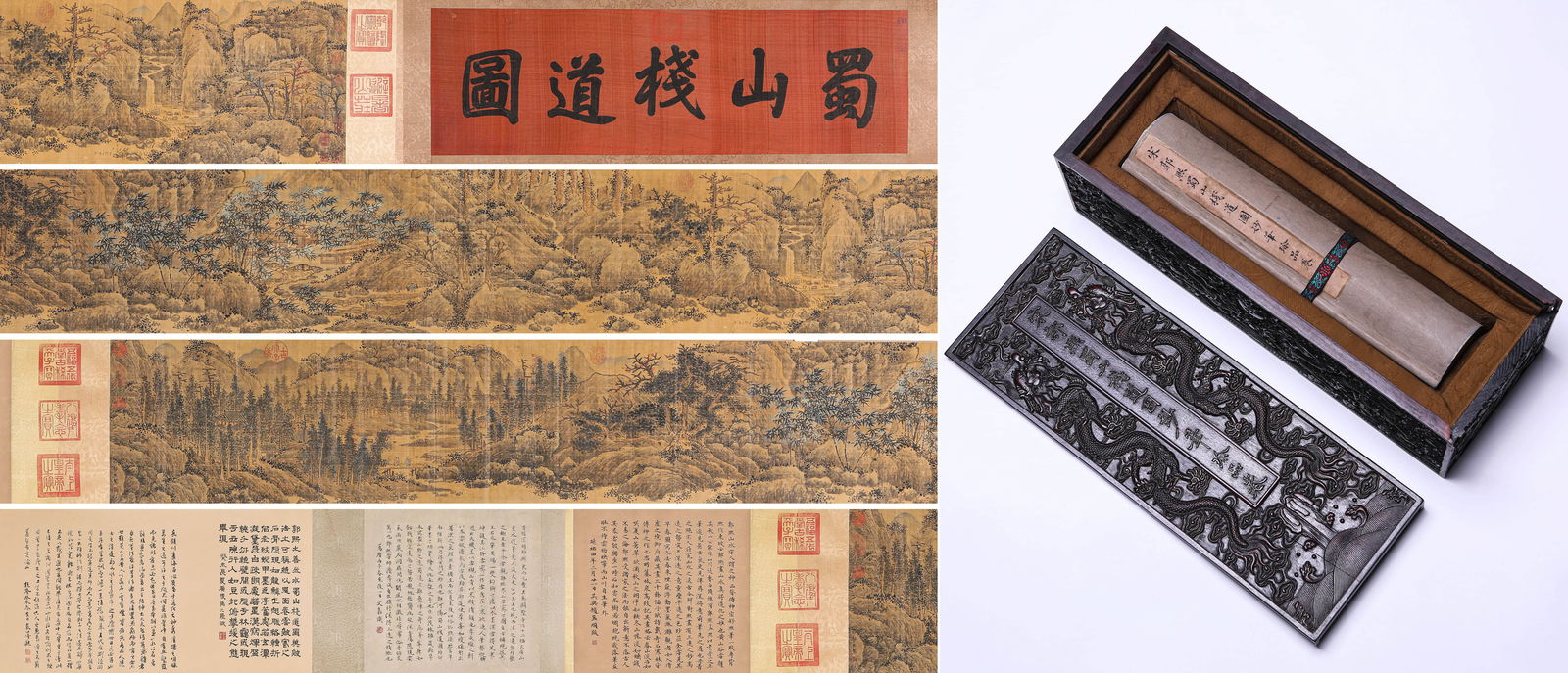 GUO XI (1020-1090), ATTRIBUTED TO, SICHUAN MOUNTAIN PLANK ROAD HANDSCROLL: GUO XI (1020-1090), ATTRIBUTED TO, SICHUAN MOUNTAIN PLANK ROAD HANDSCROLL Dimensions: Width: 580.0 cm (228.35 in) x Height: 33.0 cm (12.99 in). All measurements are approximate.