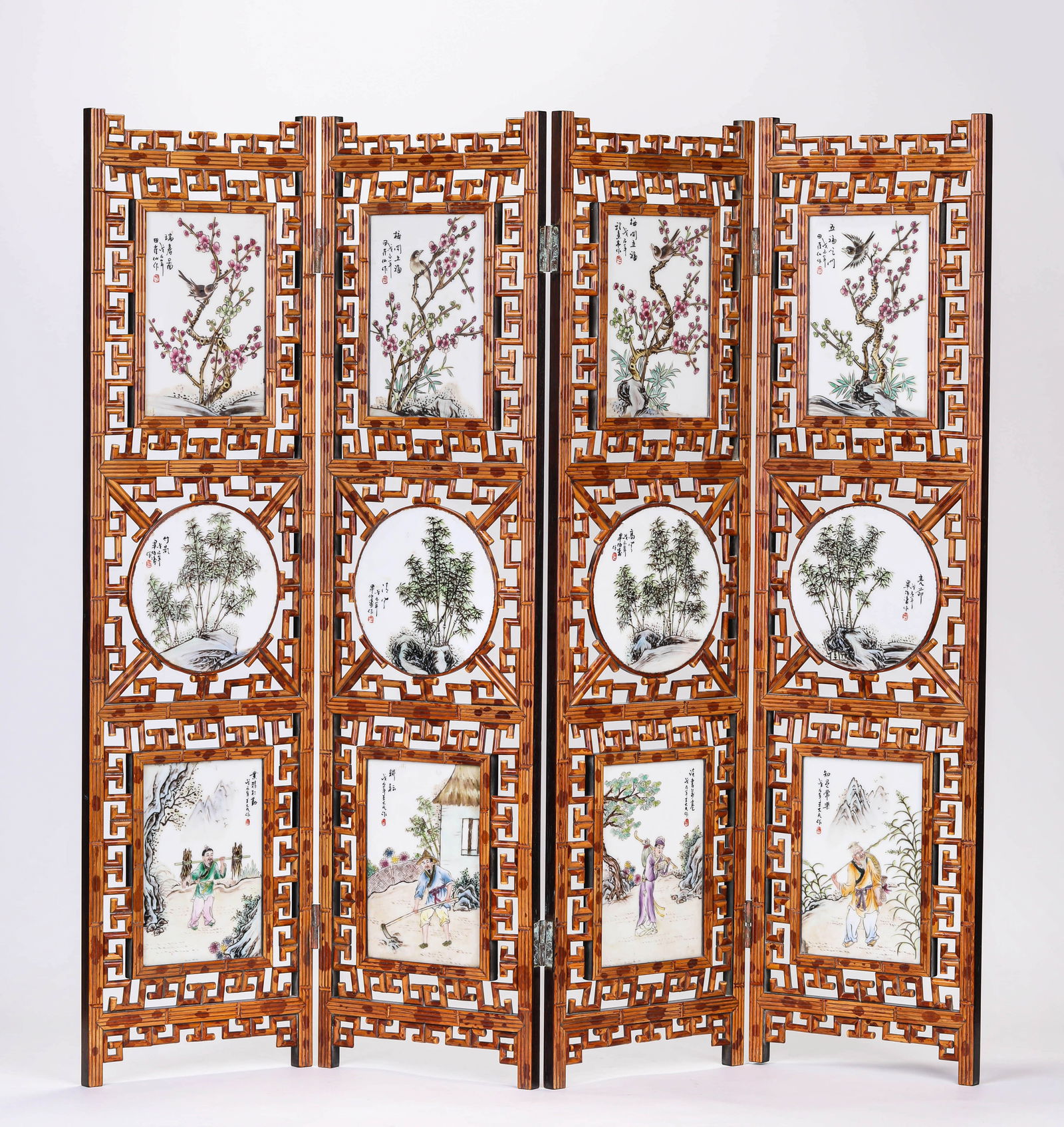 A WOOD AND PORCELAIN-PANEL-INLAID SCREEN (1 of 5)