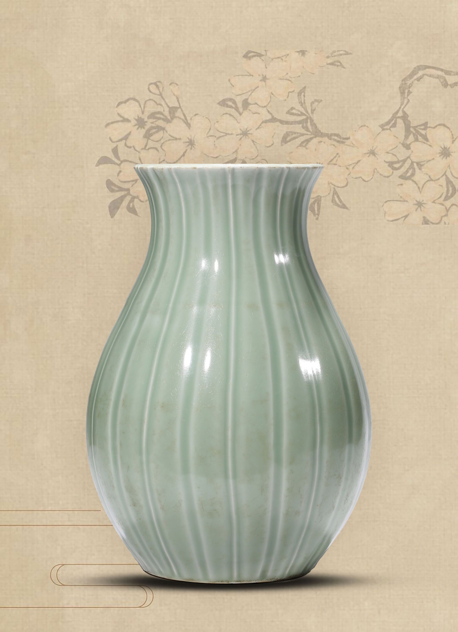 A BEAN-GREEN-GLAZED 'MELON-LOBED' VASE: A BEAN-GREEN-GLAZED 'MELON-LOBED' VASE Dimensions: Width: 22.7 cm (8.94 in) x Height: 32.4 cm (12.76 in). All measurements are approximate.