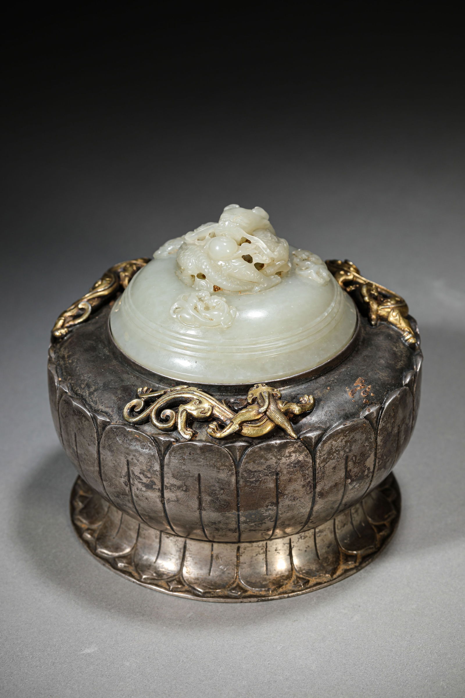 A GILT-SILVER 'CHI-DRAGON' CENSER: A GILT-SILVER 'CHI-DRAGON' CENSER Dimensions: Width: 12.6 cm (4.96 in) x Height: 11.6 cm (4.57 in). All measurements are approximate.