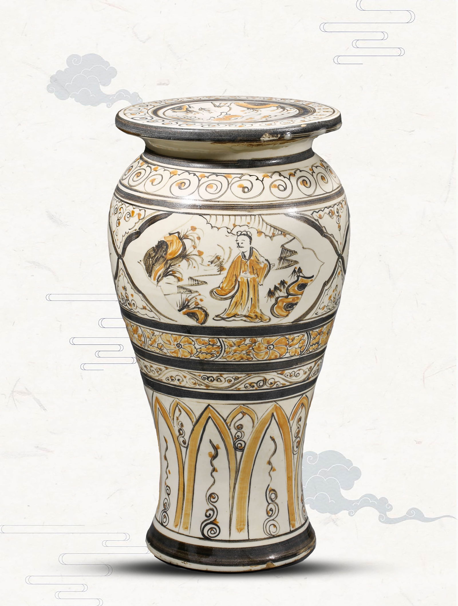 A CIZHOU-TYPE STOOL: A CIZHOU-TYPE STOOL Dimensions: Width: 23.4 cm (9.21 in) x Height: 43.7 cm (17.20 in). All measurements are approximate.