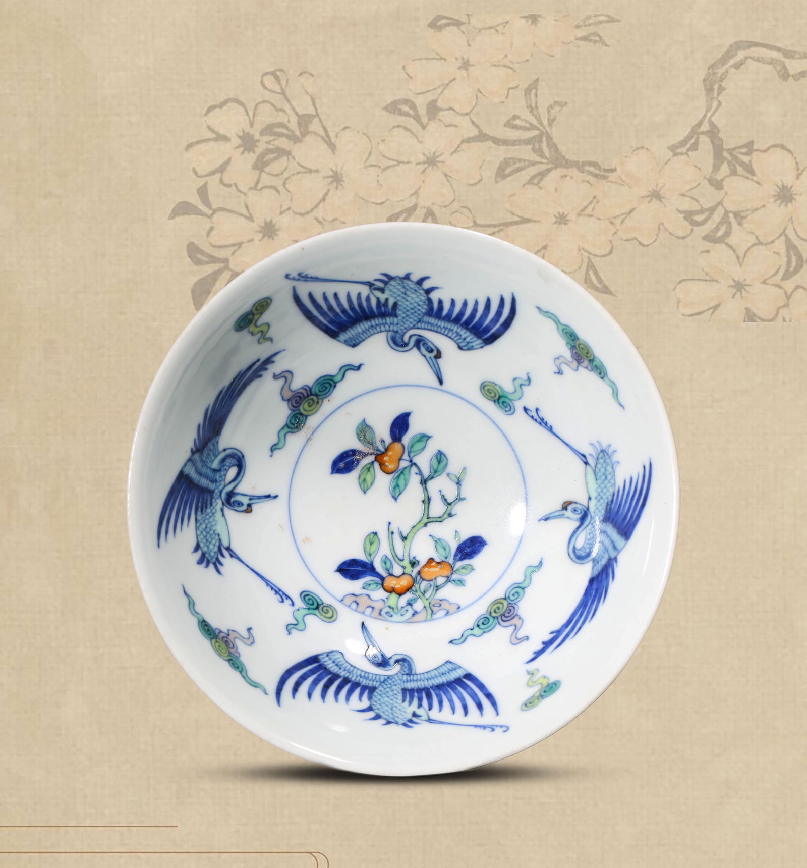 A DOUCAI 'CRANE' 'BIRTHDAY GREETINGS' BOWL: A DOUCAI 'CRANE' 'BIRTHDAY GREETINGS' BOWL Dimensions: Width: 14.0 cm (5.51 in) x Height: 5.5 cm (2.17 in). All measurements are approximate.