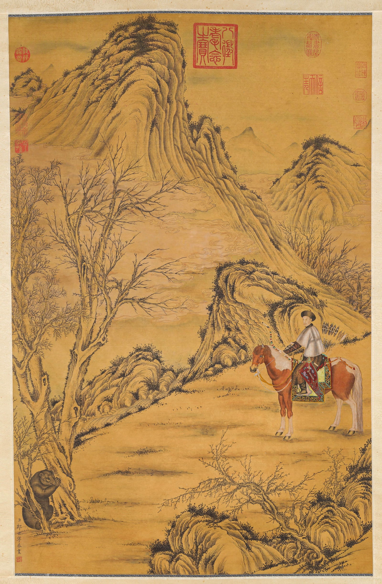 GIUSEPPE CASTIGLIONE (1688-1766), ATTRIBUTED TO, KILLING A BEAR: GIUSEPPE CASTIGLIONE (1688-1766), ATTRIBUTED TO, KILLING A BEAR Dimensions: Width: 65.0 cm (25.59 in) x Height: 100.0 cm (39.37 in). All measurements are approximate.