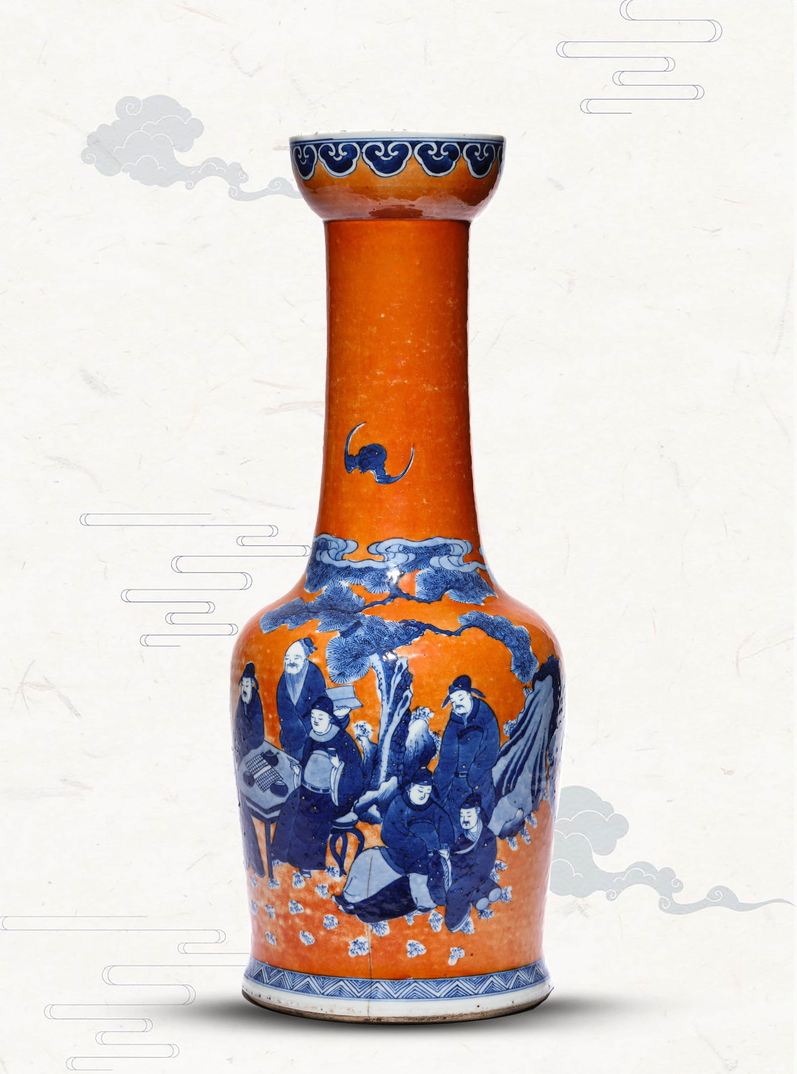 AN IRON-RED-GROUND BLUE AND WHITE 'NARRATIVE SCENE' VASE: AN IRON-RED-GROUND BLUE AND WHITE 'NARRATIVE SCENE' VASE Dimensions: Width: 18.8 cm (7.40 in) x Height: 47.5 cm (18.70 in). All measurements are approximate.