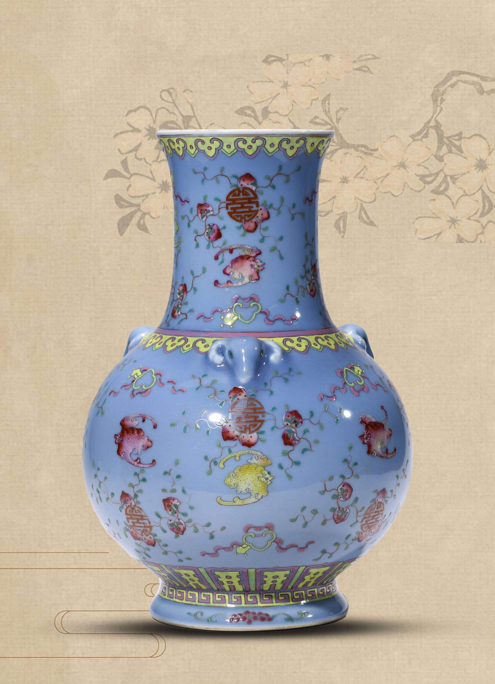 A BLUE-GROUND FAMILLE-ROSE 'BAT, SHOU AND THREE RAMS' HANDLES' VASE (1 of 13)