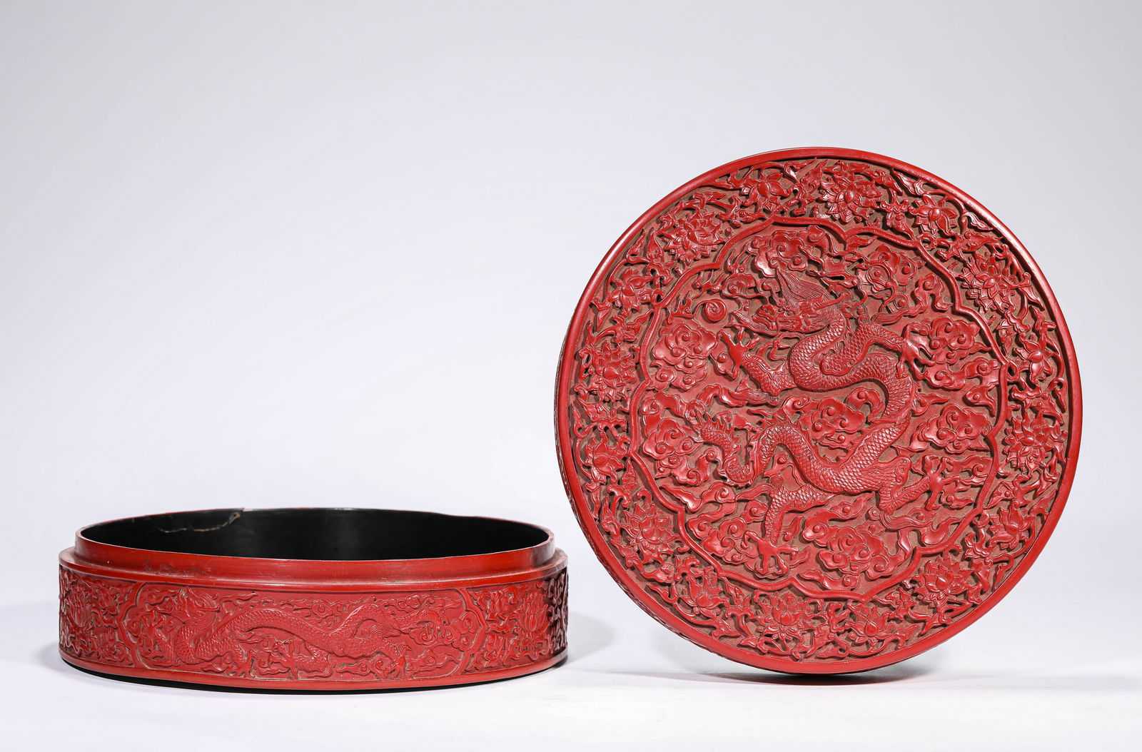 A CARVED CINNABAR LACQUER 'DRAGON' COVERED BOX (1 of 5)