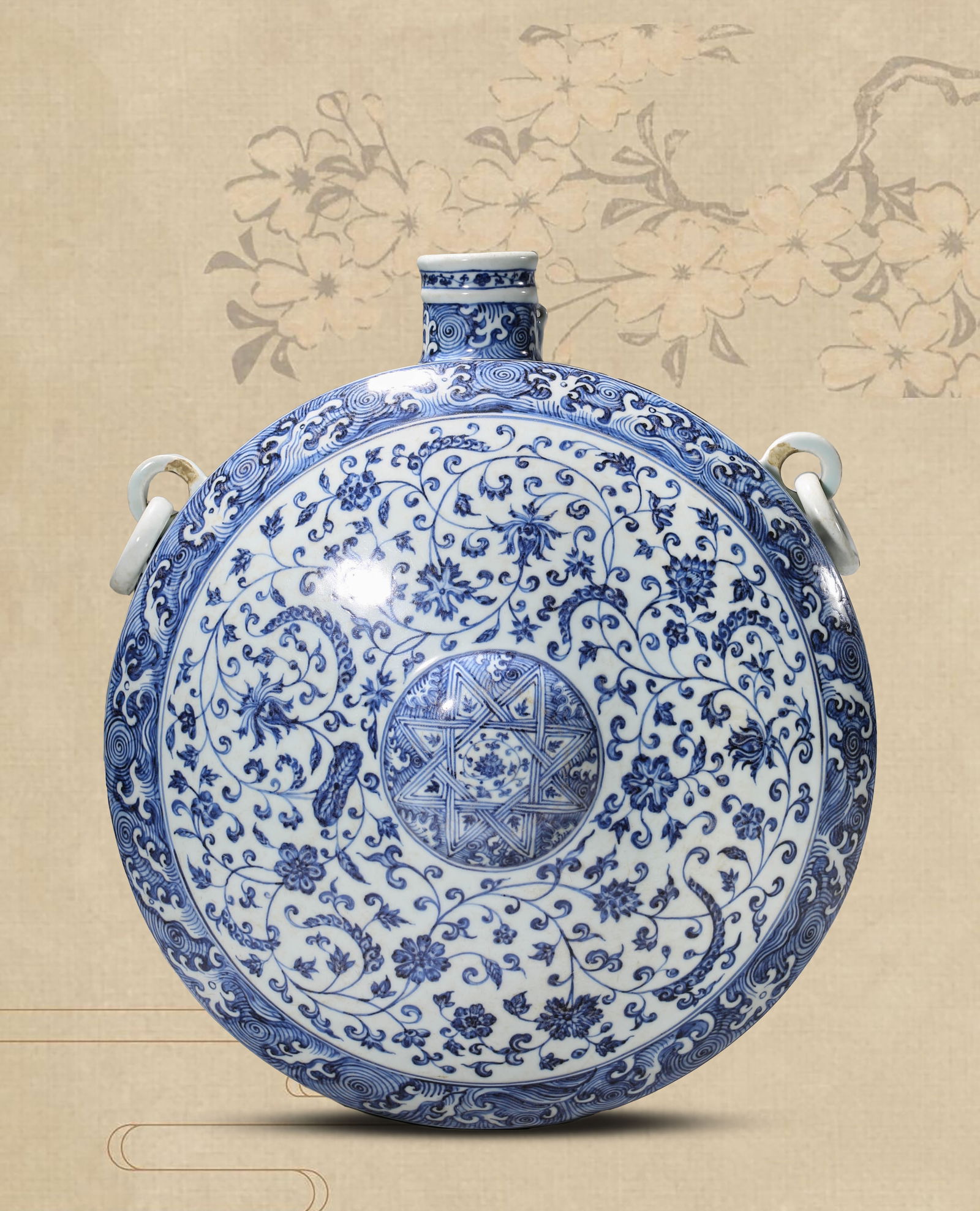 A BLUE AND WHITE 'LOTUS' 'DOUBLE RING HANDLES AND FLAT BASE' MOONFLASK: A BLUE AND WHITE 'LOTUS' 'DOUBLE RING HANDLES AND FLAT BASE' MOONFLASK Dimensions: Length: 42.0 cm (16.54 in) x Width: 20.1 cm (7.91 in) x Height: 47.4 cm (18.66 in). All measurements are approximate.