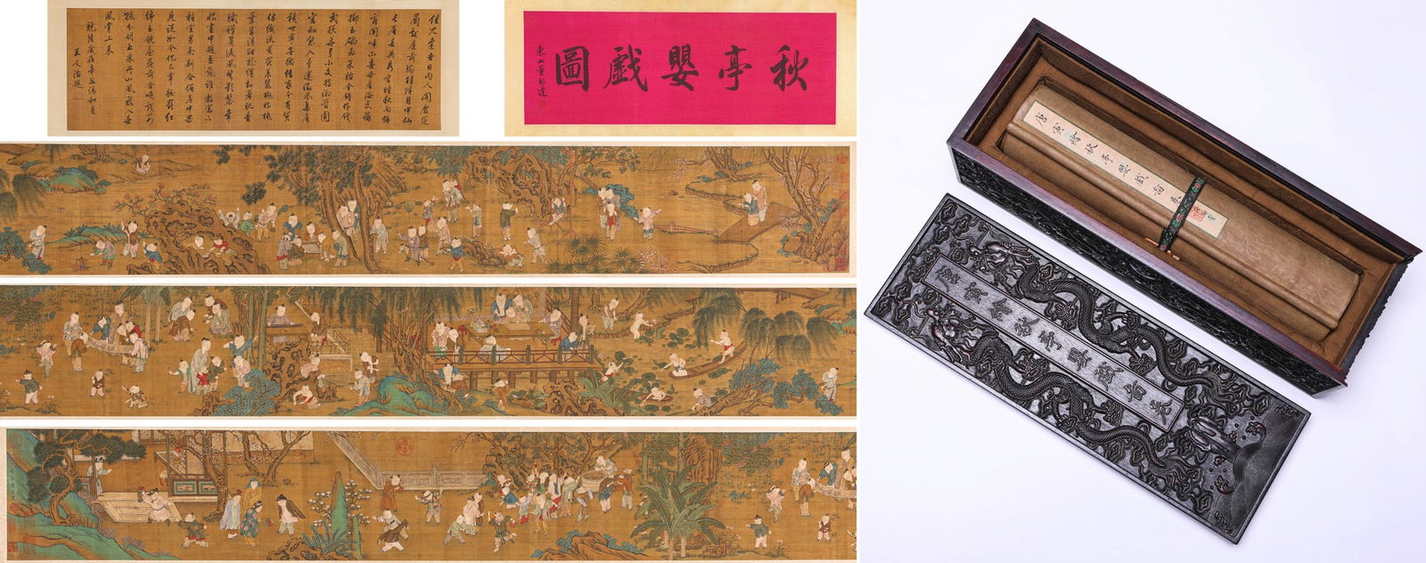 TANG YIN (1470-1524), ATTRIBUTED TO, CHILDREN PLAYING IN AUTUMN PAVILION HANDSCROLL: TANG YIN (1470-1524), ATTRIBUTED TO, CHILDREN PLAYING IN AUTUMN PAVILION HANDSCROLL Dimensions: Width: 800.0 cm (314.96 in) x Height: 36.5 cm (14.37 in). All measurements are approximate.
