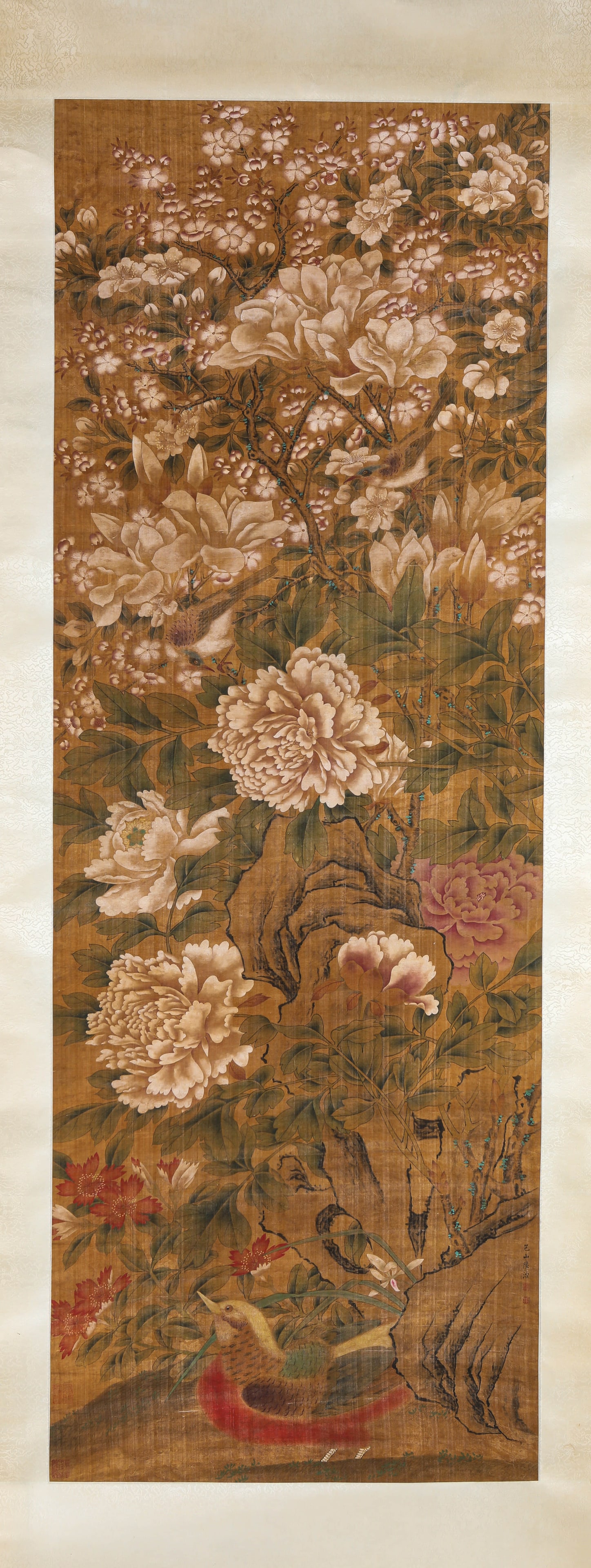 LU ZHI (1496-1576), ATTRIBUTED TO, FLOWER-AND-BIRD: LU ZHI (1496-1576), ATTRIBUTED TO, FLOWER-AND-BIRD Dimensions: Width: 69.0 cm (27.17 in) x Height: 192.0 cm (75.59 in). All measurements are approximate.