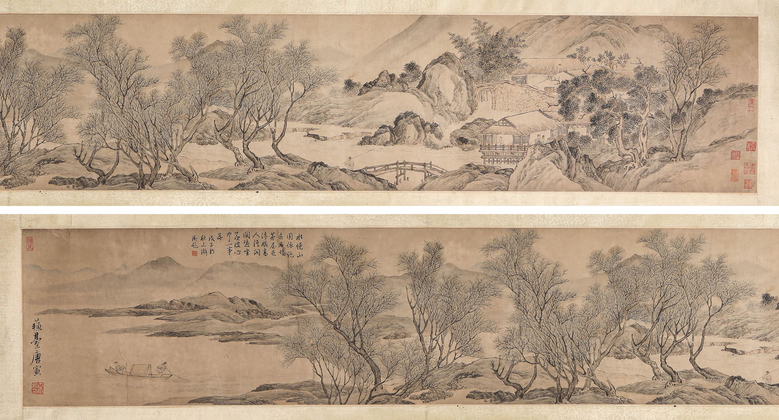 TANG YIN (1470-1524), ATTRIBUTED TO, SECLUDED DWELLING BY MOUNTAIN STREAM: TANG YIN (1470-1524), ATTRIBUTED TO, SECLUDED DWELLING BY MOUNTAIN STREAM Dimensions: Width: 195.5 cm (76.97 in) x Height: 30.0 cm (11.81 in). All measurements are approximate.