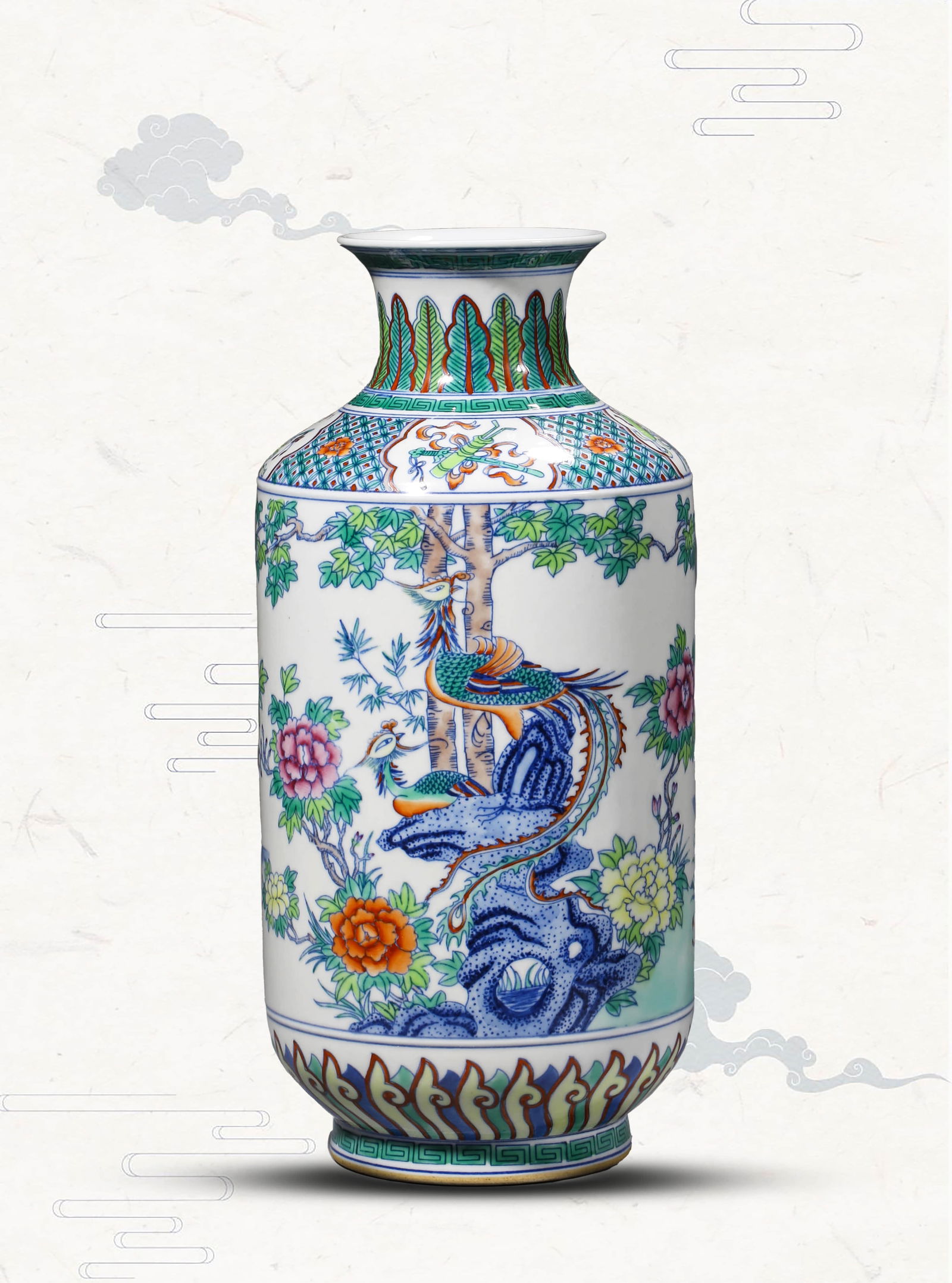 A DOUCAI 'PHOENIX, PEONY AND FLORALS' VASE: A DOUCAI 'PHOENIX, PEONY AND FLORALS' VASE Dimensions: Width: 15.2 cm (5.98 in) x Height: 32.4 cm (12.76 in). All measurements are approximate.