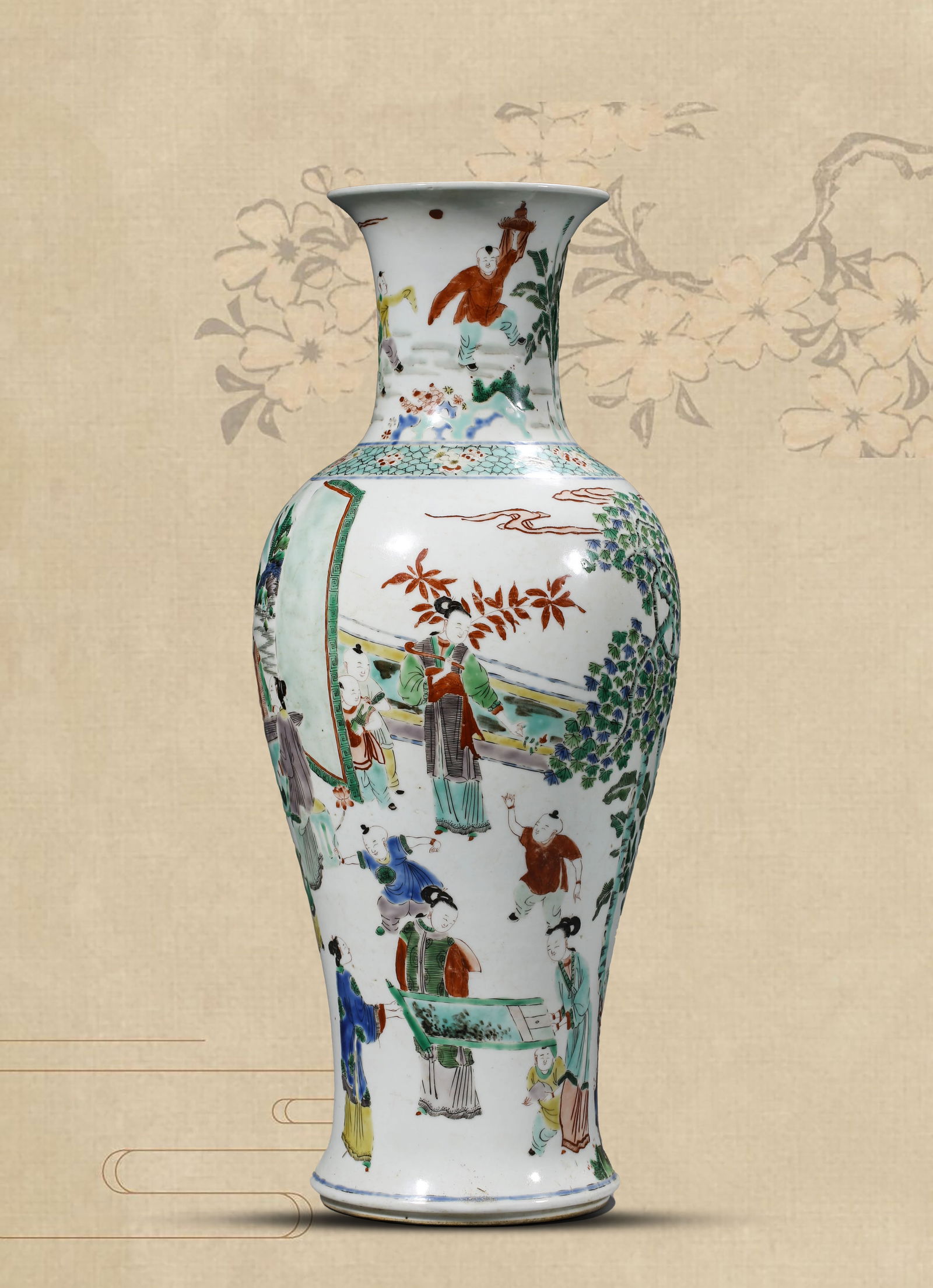 A WUCAI 'FIGURAL' 'FLARED-MOUTH' VASE: A WUCAI 'FIGURAL' 'FLARED-MOUTH' VASE Dimensions: Width: 20.4 cm (8.03 in) x Height: 48.0 cm (18.90 in). All measurements are approximate.