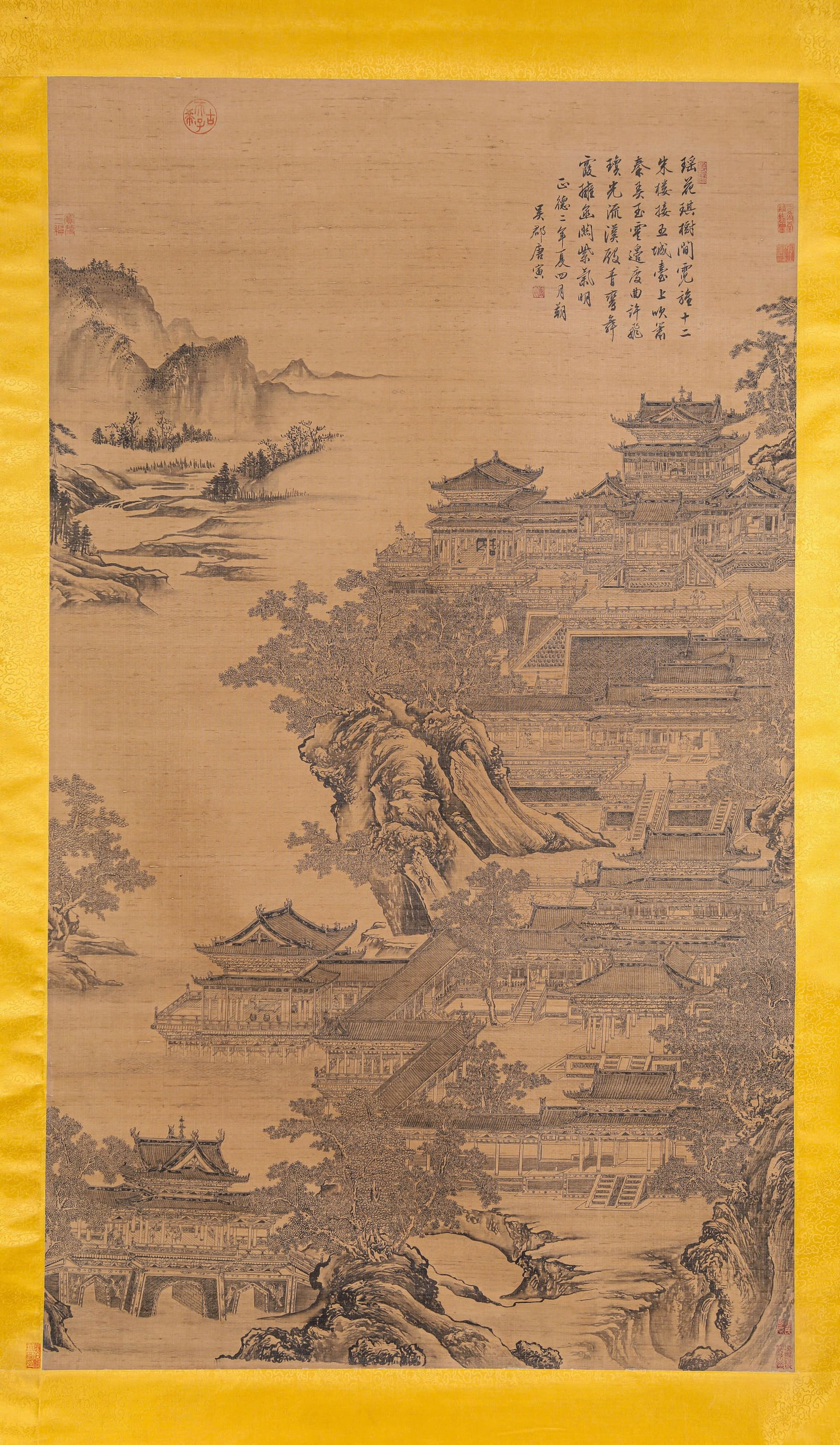 TANG YIN (1470-1524), ATTRIBUTED TO, CELESTIAL MOUNTAINS AND PAVILIONS: TANG YIN (1470-1524), ATTRIBUTED TO, CELESTIAL MOUNTAINS AND PAVILIONS Dimensions: Width: 100.0 cm (39.37 in) x Height: 172.0 cm (67.72 in). All measurements are approximate.