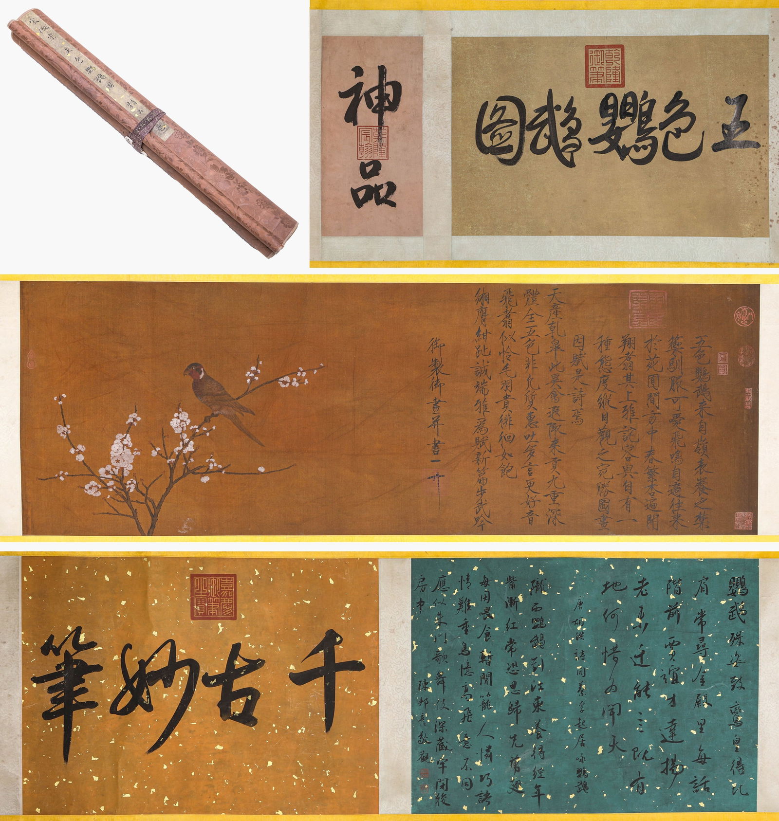 EMPEROR HUIZONG (1082-1135), ATTRIBUTED TO, FIVE-COLORED PARROT HANDSCROLL: EMPEROR HUIZONG (1082-1135), ATTRIBUTED TO, FIVE-COLORED PARROT HANDSCROLL Dimensions: Width: 440.0 cm (173.23 in) x Height: 54.0 cm (21.26 in). All measurements are approximate.