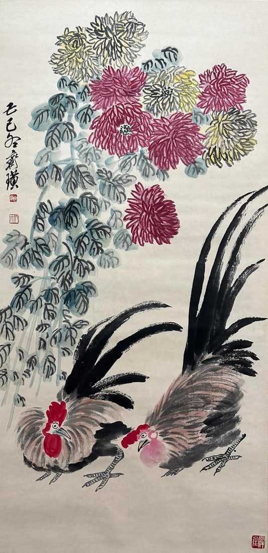 QI BAISHI (1863-1957), ATTRIBUTED TO, CHICKEN: Dimensions: Width: 138 cm (54.33 in.) x Height: 68 cm (26.77 in.). All measurements are approximate.