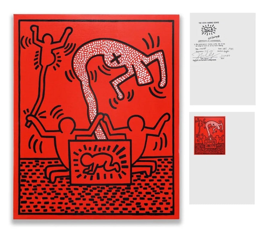KEITH HARING (1958-1990), ATTRIBUTED TO, ACRYLIC ON CANVAS (1 of 3)